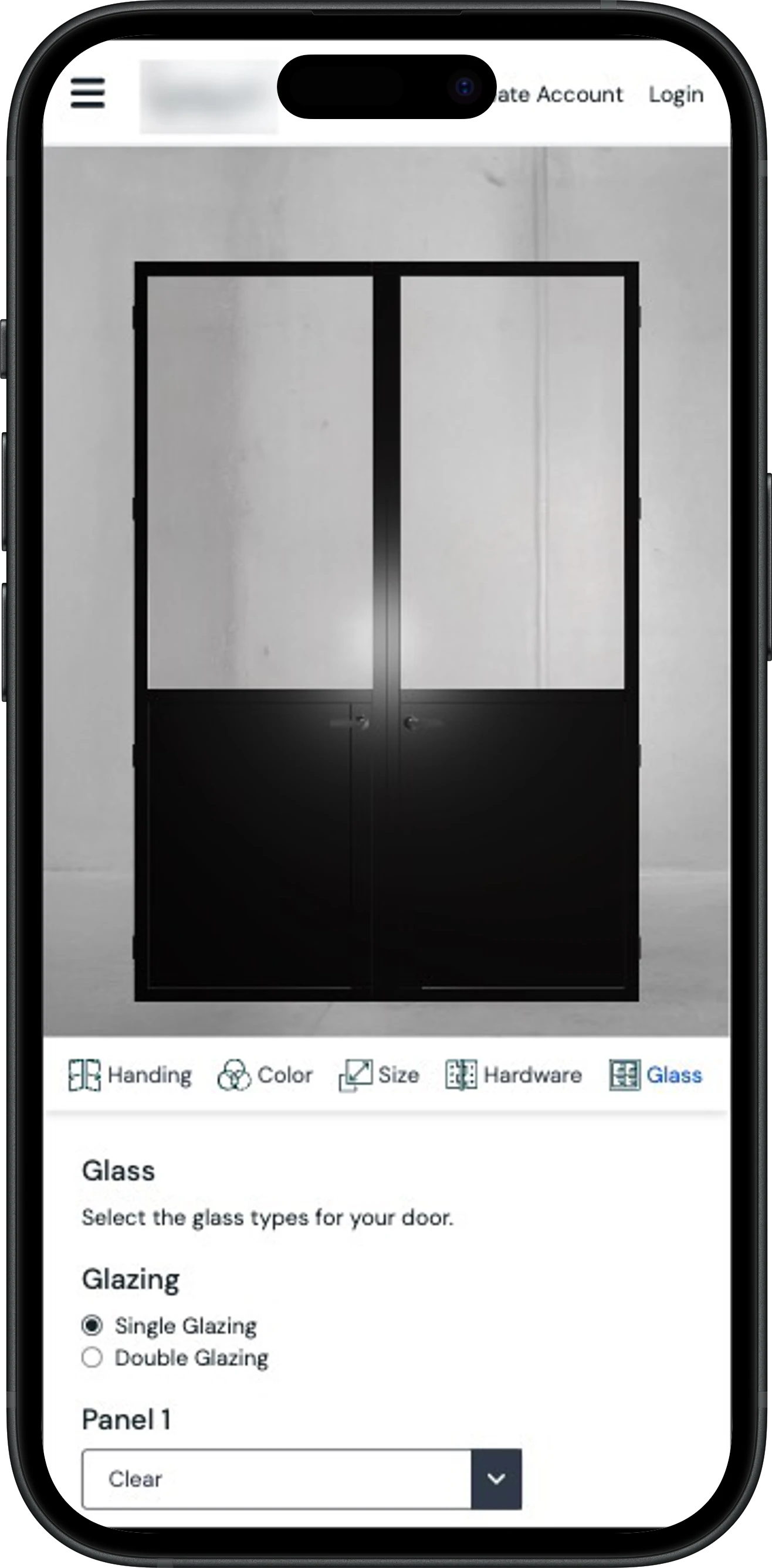 Door configurator on mobile — Glass step with glazing and panel options