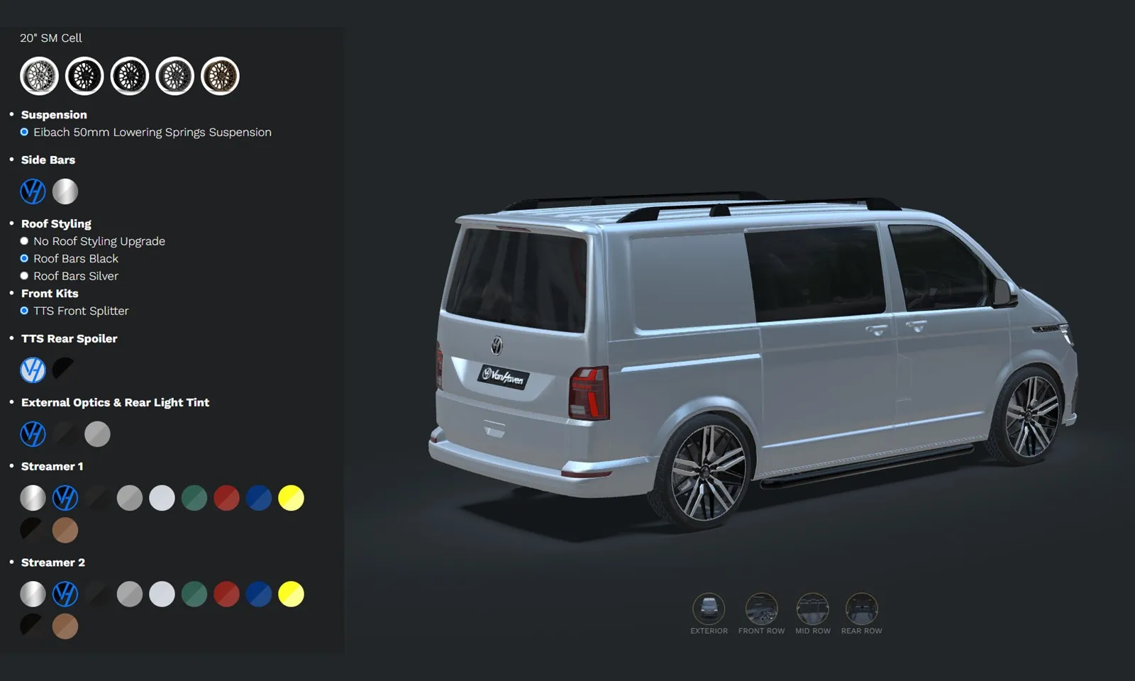 Screenshot of the VanHaven configurator showing a white VW Transporter from the rear with exterior options (alloy wheels, suspension, roof bars, and body kit selections) in the left panel